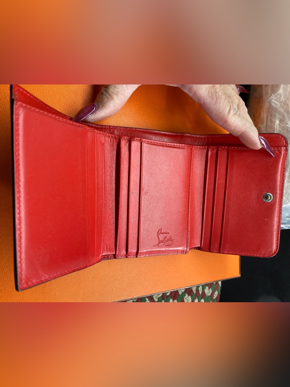 Christian Louboutin Black Leather Studded Compact Wallet with Red Zip Accent - Picture 6 of 16